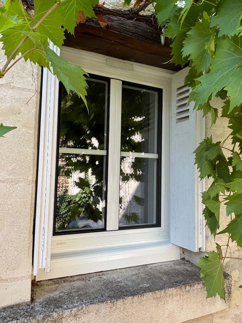 Fenêtre blanche à deux vantaux encadrée de vigne